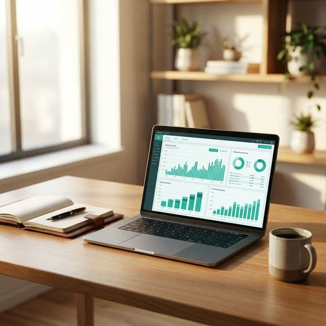 Finance professional workspace — laptop with financial analytics, notebook and coffee